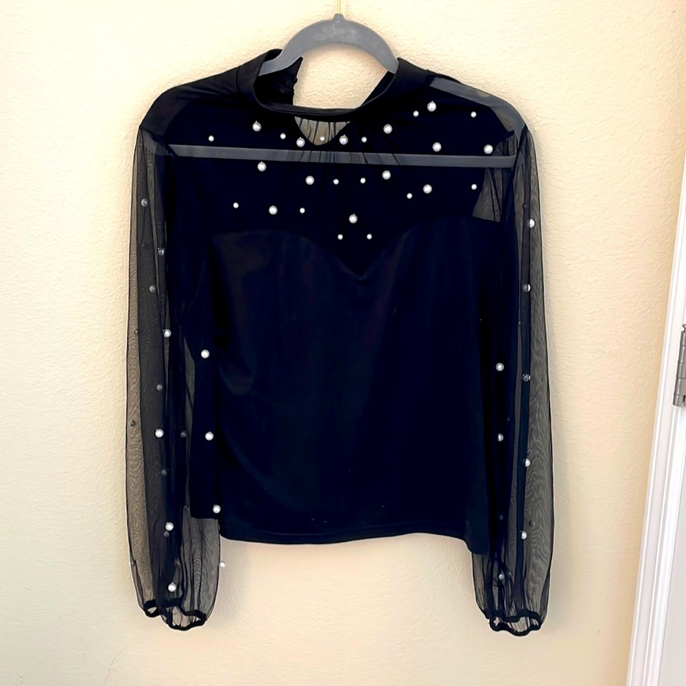 Sheer sleeves pearl accent top